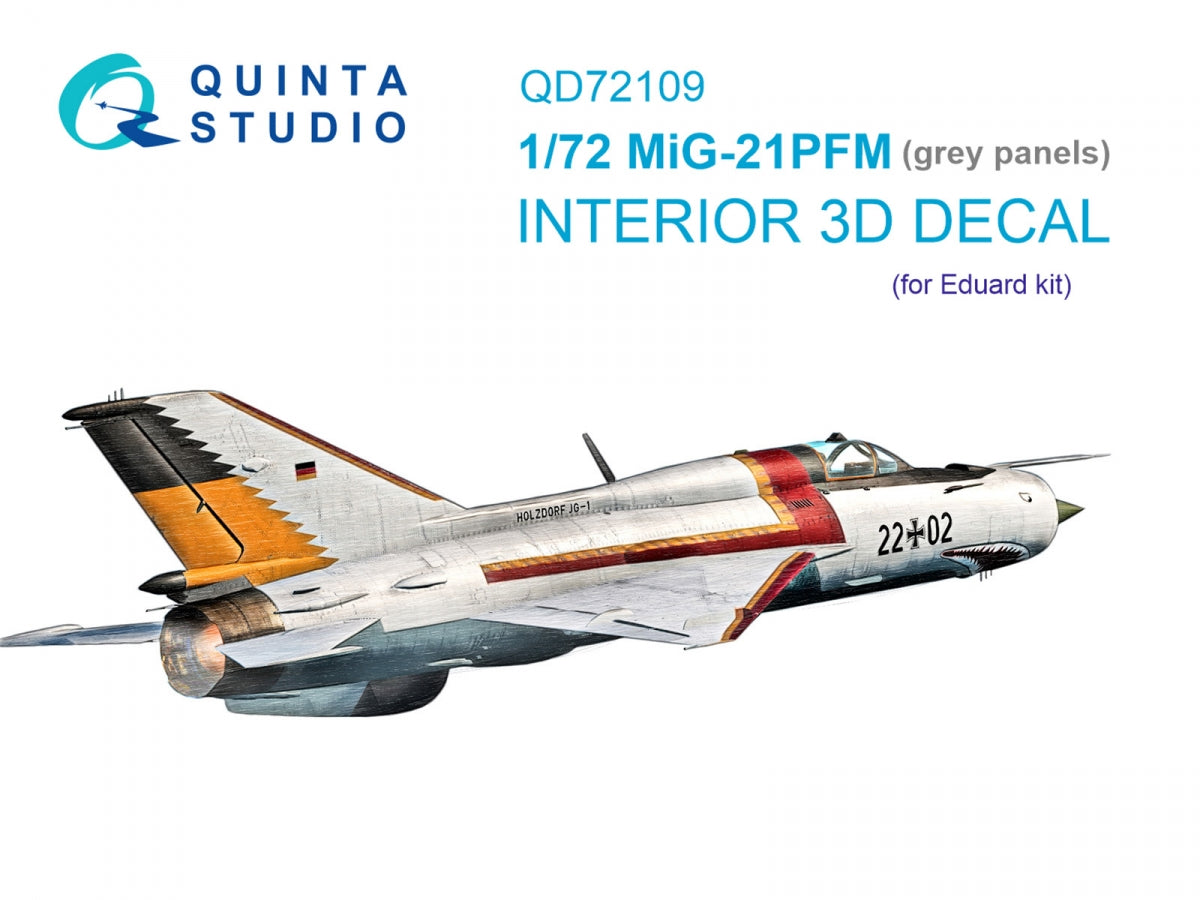 Quinta Studio QD72109 MiG-21PFM Gray panels 3D-Printed & coloured Interior on decal paper (Eduard) 1/72