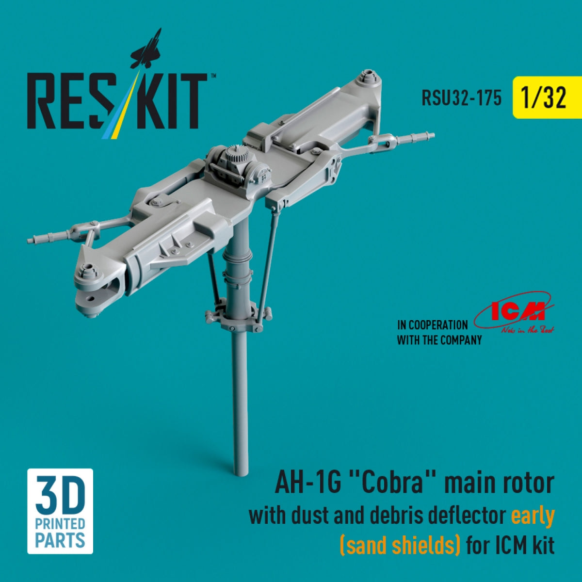 RESKIT RSU32-0175 AH-1G "Cobra" main rotor with dust and debris deflector (sand shields) early version for ICM kit (3D Printed) 1/32