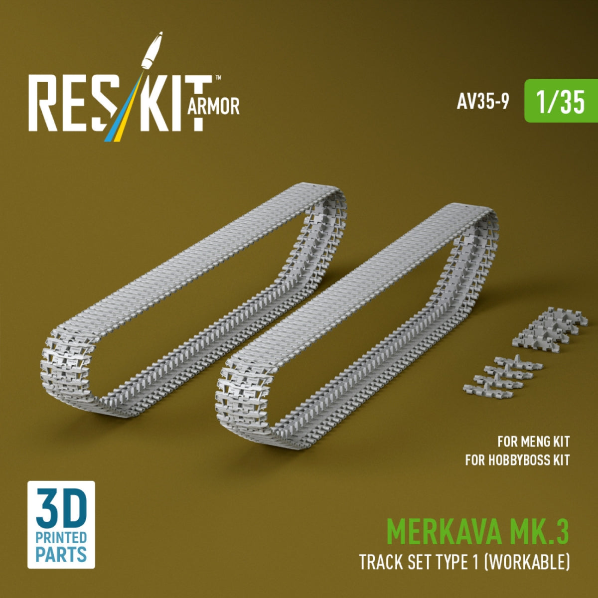 RESKIT AV35-0009 Merkava Mk.3 track set Type 1 (Workable) for Meng/HobbyBoss kit (3D Printed) 1/35
