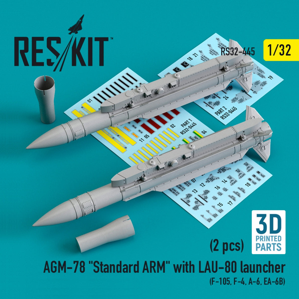 RESKIT RS32-0445 AGM-78 "STANDARD ARM" WITH LAU-80 LAUNCHER (2 PCS) (F-105,F-4,A-6,EA-6B) (3D PRINTED) 1/32