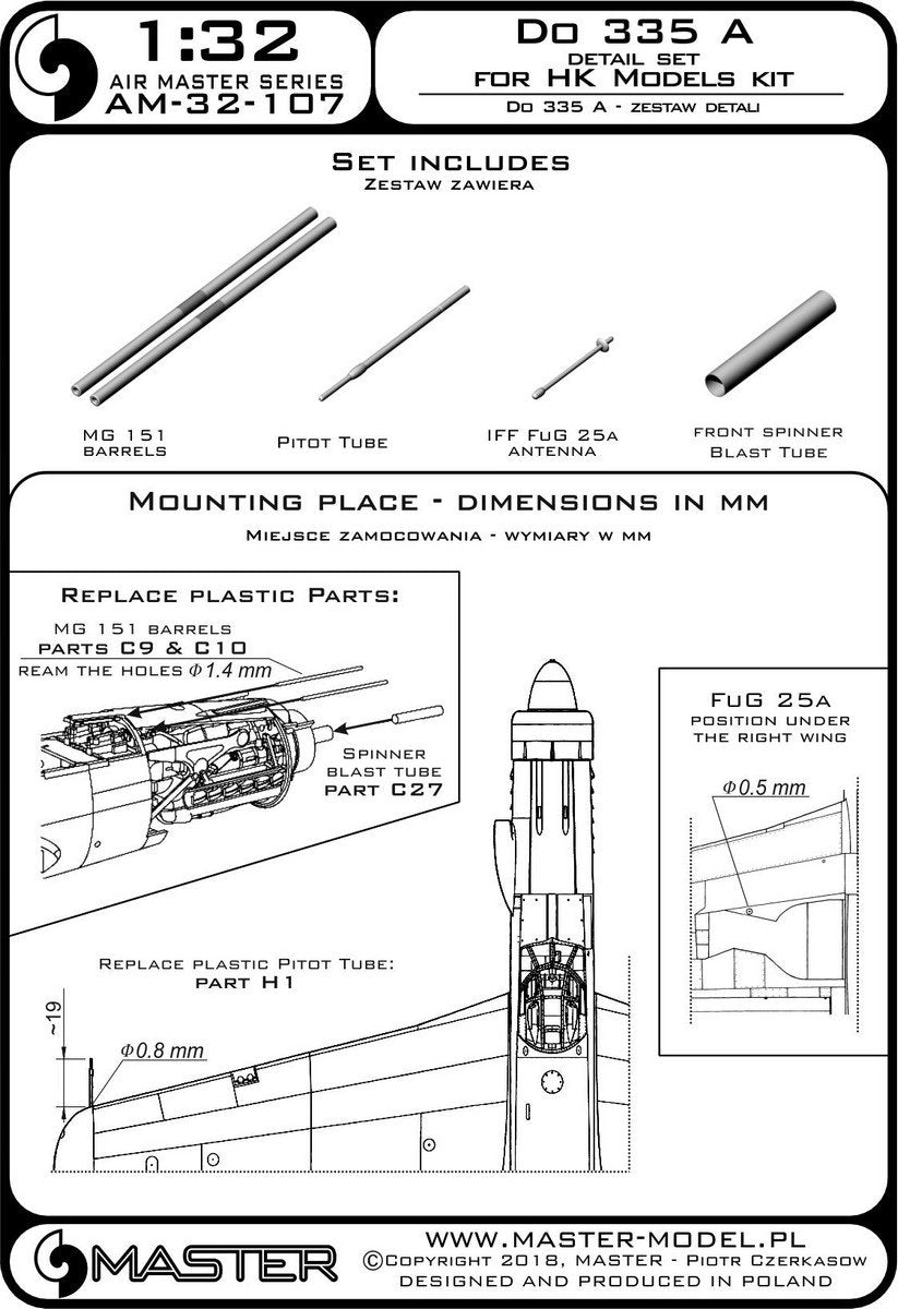 Master AM-32-107 Do 335 A – detail set – MG 151, FuG 25a antenna, pitot tube (for HK Models) (1/32) – image 3