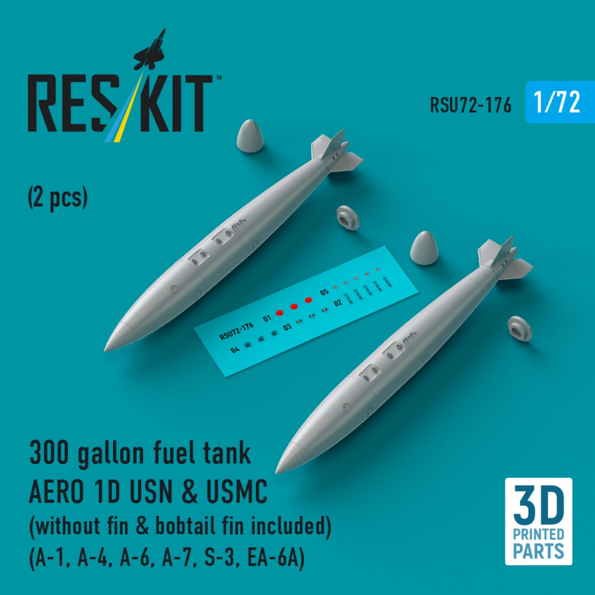 Réservoir de carburant RESKIT RSU72-0176 de 300 gallons pour AERO 1D USN &amp; USMC (sans dérive, dérive arrière incluse) (2 pièces) (Impression 3D) 1/72