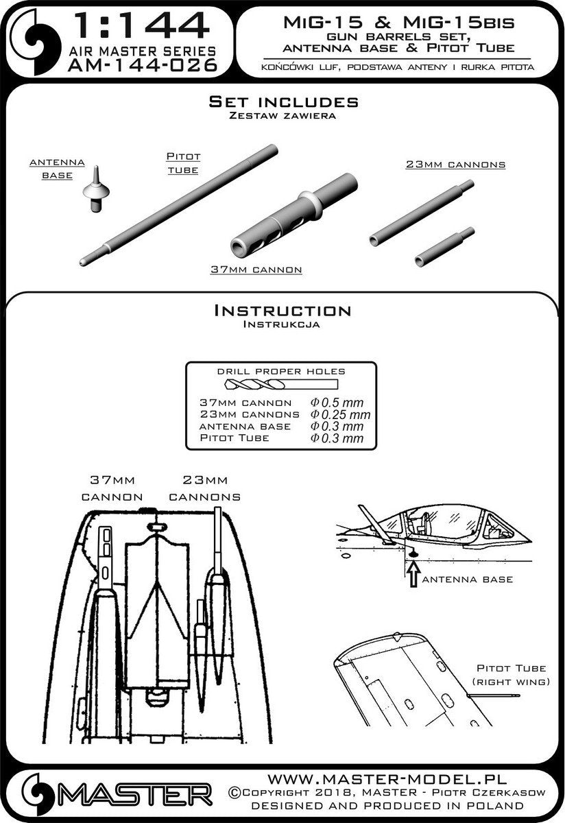 Master AM-144-026 MiG-15, MiG 15 bis -końcówki luf, podstawa anteny i Rurka Pitota 1/144 – zdjęcie 3