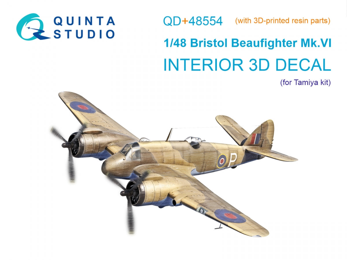 Quinta Studio QD+48554 Bristol Beaufighter Mk.VI 3D-Printed &amp;amp; coloured Interior on decal paper (Tamiya) (with 3D-printed resin parts) 1/48