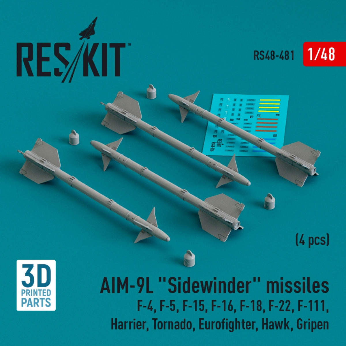 RESKIT RS48-0481 AIM-9L &amp;quot;Sidewinder&amp;quot; missiles (4 pcs) (3D Printed) 1/48