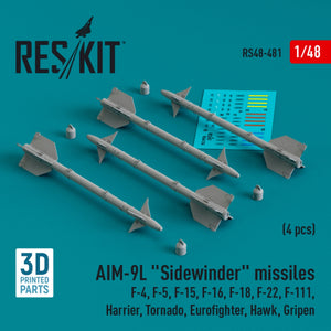 RESKIT RS48-0481 AIM-9L &amp;quot;Sidewinder&amp;quot; missiles (4 pcs) (3D Printed) 1/48