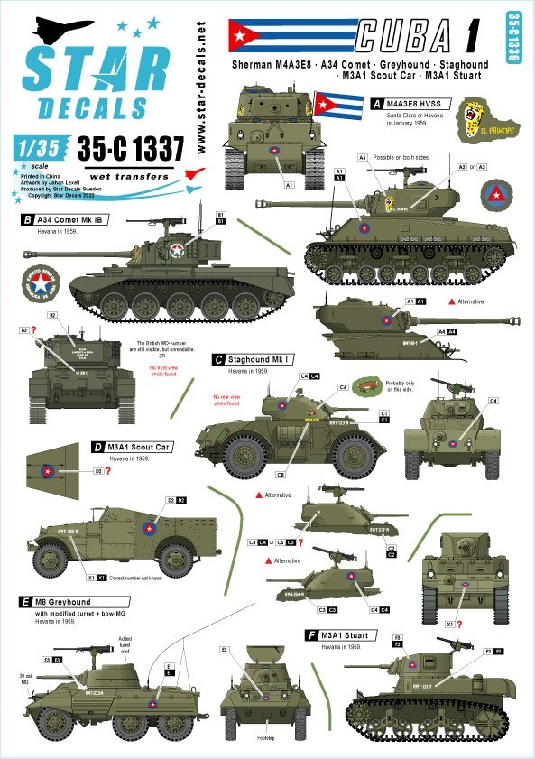Star Decals 35-C1337 Tanks & AFVs in Cuba # 1. M4A3E8 Sherman, A34 Comet, Staghound, Greyhound, M3A1 Scout Car, M3A1 Stuart.1/35