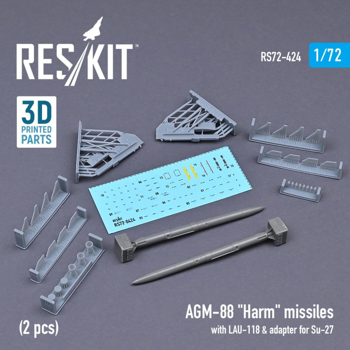 RESKIT RS72-0424 AGM-88 &amp;quot;HARM&amp;quot; MISSILES WITH LAU-118 &amp;amp; ADAPTER FOR SU-27 (2 PCS) 1/72 – image 2