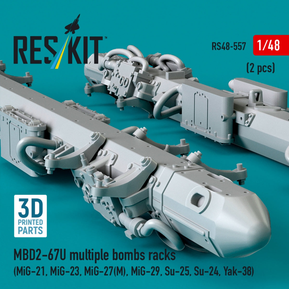 RESKIT RS48-0557 MBD2-67U multiple bombs racks (2 pcs) (MiG-21, MiG-23, MiG-27(М), MiG-29, Su-25, Su-24, Yak-38) (3D Printed) 1/48