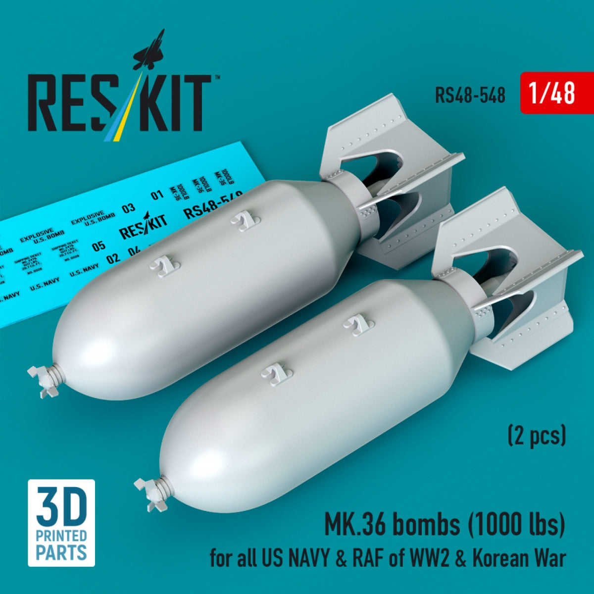 RESKIT RS48-0548 MK.36 bombs (2 pcs) (1000 lbs) for all US NAVY &amp; RAF of WW2 &amp; Korean War (3D Printed) 1/48