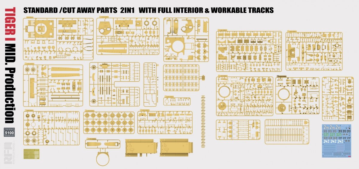 Rye Field Model 5100 TIGER I MID.Production STANDARD/CUT AWAY PARTS 2 IN 1 WITH FULL INTERIOR&amp;amp;WORKABLE TRACKS 1/35 – immagine 6