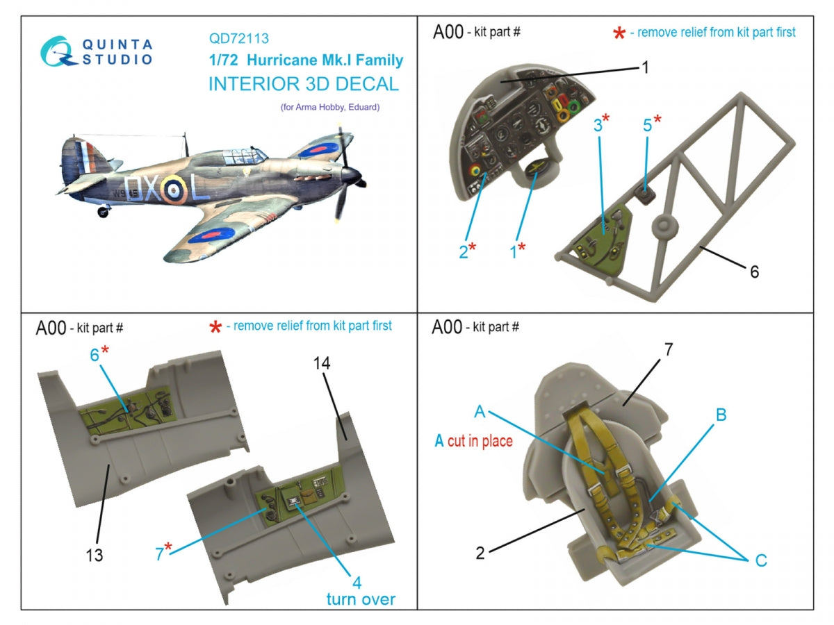 Quinta Studio QD72113 Hurricane Mk.I family 3D-Printed coloured Interior on decal paper (Arma Hobby) 1/72 – zdjęcie 2