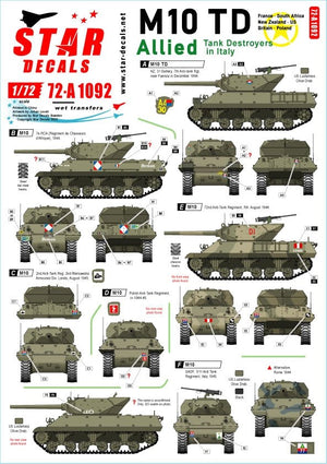 Star Decals 72-A1092 Allied Tank Destroyers in Italy. M10 TD and M10 Achilles. France, South Africa, New Zealand, US, Britain, Poland. 1/72