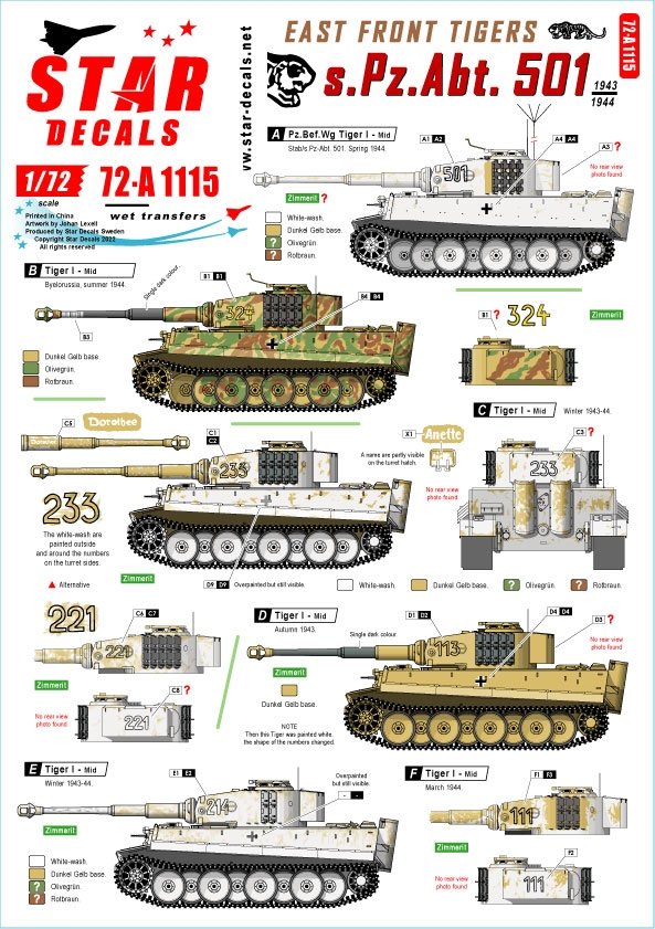 Star Decals 72-A1115 East Front Tigers s.Pz.Abt. 501 1943-44 Tiger I and Befehls-Tiger I Mid production 1/72