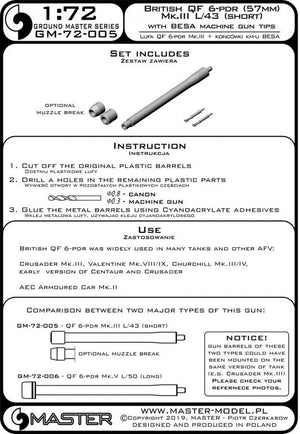 Master GM-72-005 British QF 6-pdr (57mm) - version Mk.III L/43 (short) + Besa MG tips - for Crusader Mk.III, Churchill Mk.III/IV, Valentine Mk.VIII/IX 1/72 – image 5