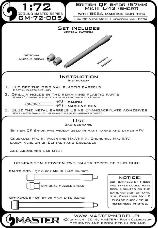 Master GM-72-005 British QF 6-pdr (57mm) - version Mk.III L/43 (short) + Besa MG tips - for Crusader Mk.III, Churchill Mk.III/IV, Valentine Mk.VIII/IX 1/72 – image 5