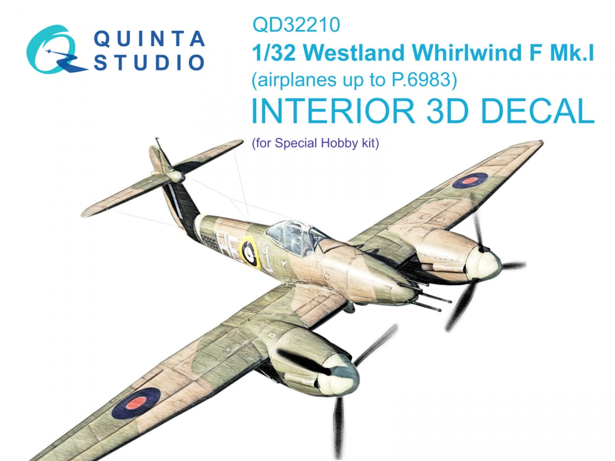 Quinta Studio QD32210 Westland Whirlwind F Mk.I 3D-Printed &amp;amp; coloured Interior on decal paper (Special Hobby) 1/32