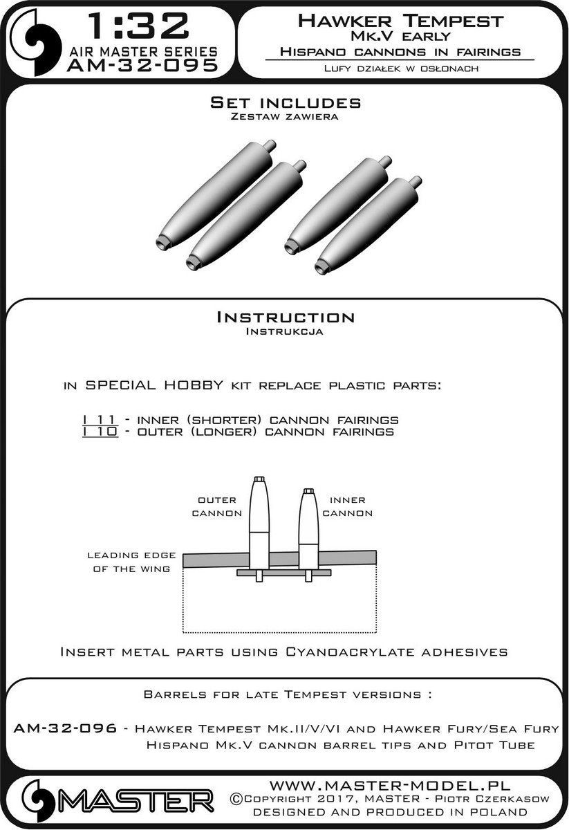Master AM-32-095 Hawker Tempest Mk.V wczesna wersja - lufy działek Hispano 20mm w osłonach (4 szt.) 1/32 – zdjęcie 3