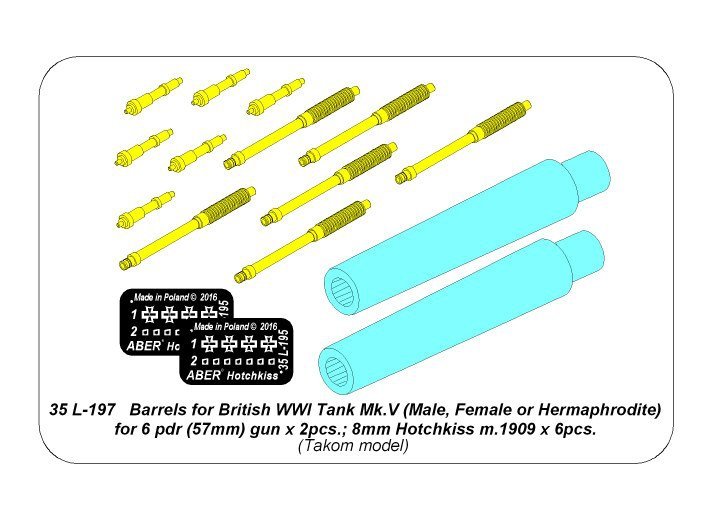 Aber 35L-197 Barrels for British WWI Tank Mk.V (Male, Female or Hermaphrodite) for 6 pdr (57mm) gun x 2pcs. 8mm Hotchkiss m.1909 x 6pcs. 1/35 – image 6
