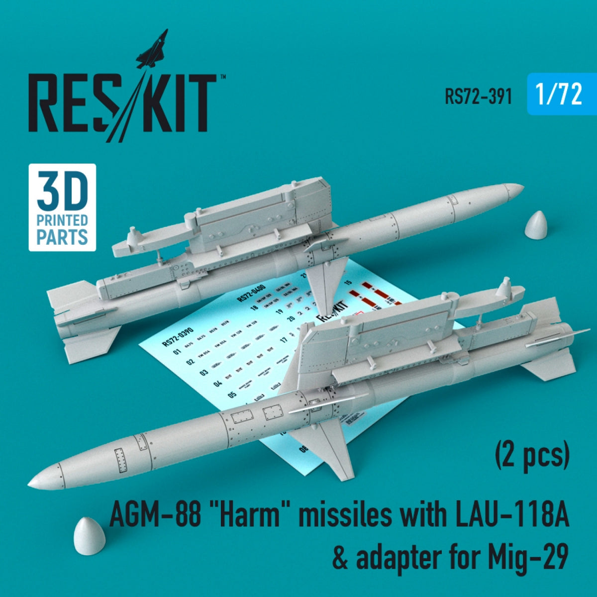 RESKIT RS72-0391 AGM-88 "HARM" MISSILES WITH LAU-118 & ADAPTER FOR MIG-29 (2 PCS) 1/72