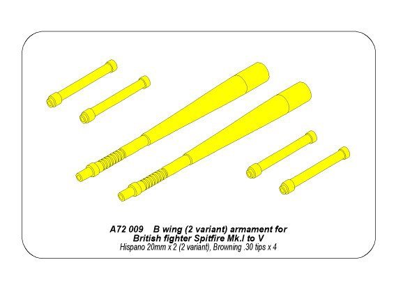 Aber A72 009 B wing (2 variant) armament for British fighterSpitfire Mk.I to V; Hispano 20mm x 2 (2 variant); Browning .30 tips x 4 1/72 – zdjęcie 4