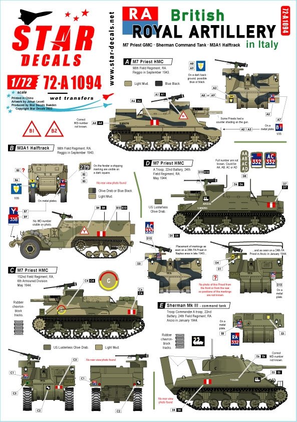 Star Decals 72-A1094 British Royal Artillery in Italy. M7 Priest HMC, Sherman Command Tank, M3A1 Halftrack. 1/72
