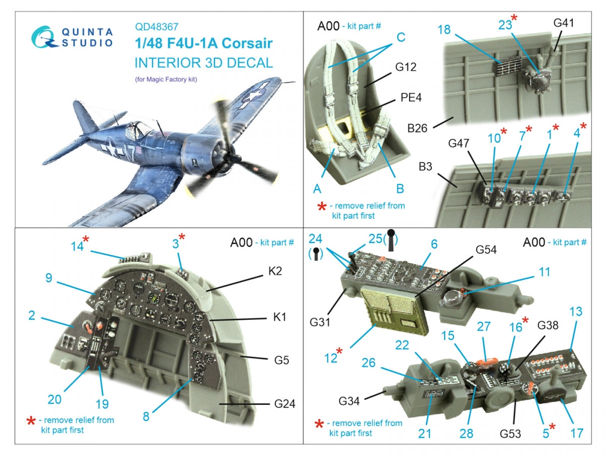 Quinta Studio QD48367 F4U-1A 3D-Printed &amp;amp; colored Interior on decal paper (Magic Factory) 1/48 – image 2