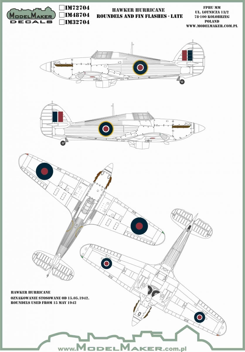 ModelMaker Decals IM48704 HAWKER HURRICANE ROUNDELS AND FIN FLASHES - LATE 1/48