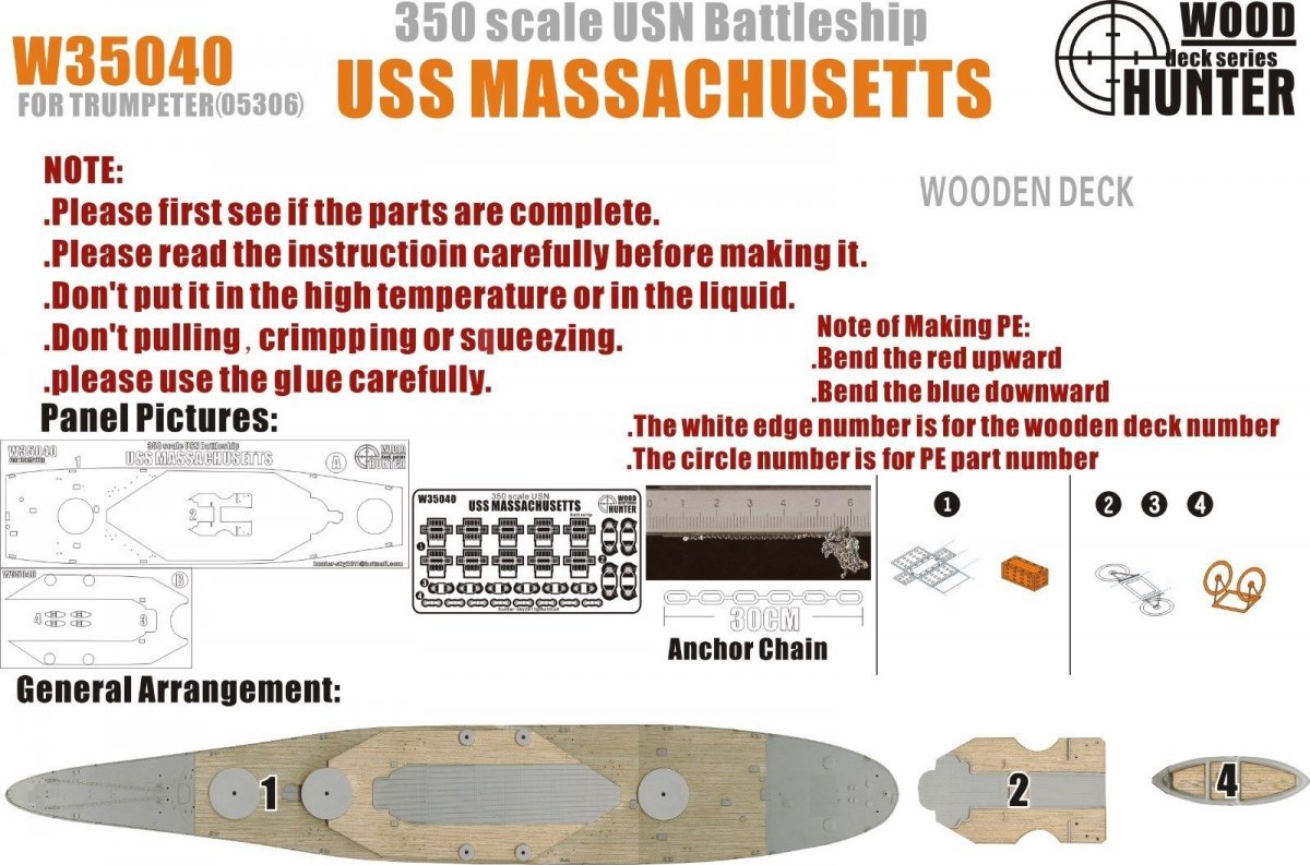 Wood Hunter W35040 Pont en bois de l&amp;#39;USS Massachusetts pour Trumpeter (1/350)