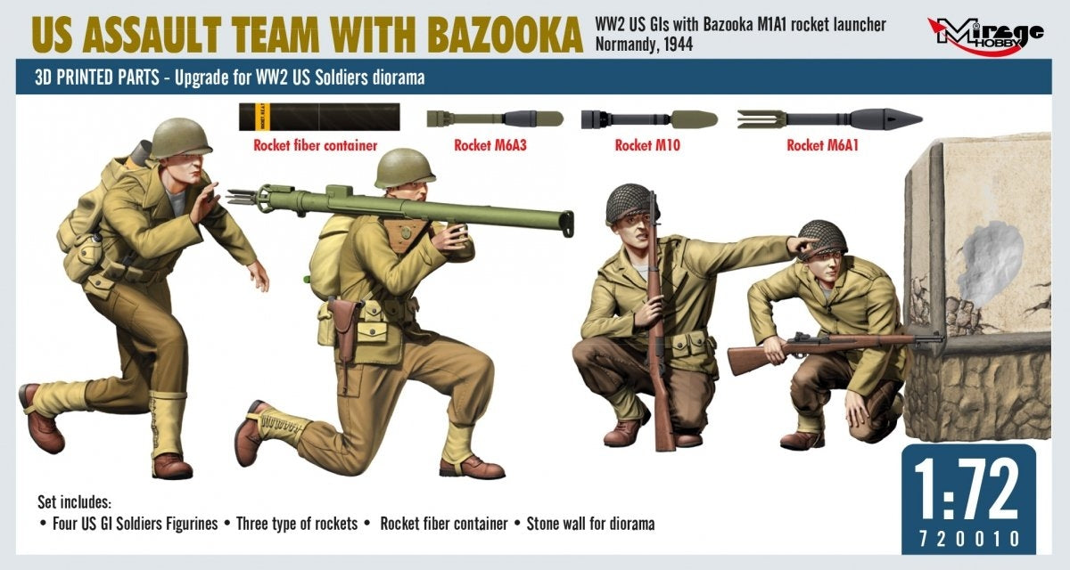 Mirage Hobby 720010 US ASSAULT TEAM WITH BAZOOKA, WW2 US GIs with Bazooka M1A1 Rocket Launcher Normandy, 1944 1/72