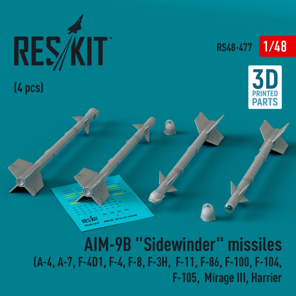 RESKIT RS48-0477 AIM-9B &amp;quot;Sidewinder&amp;quot; missiles (4 pcs) (3D Printed) 1/48