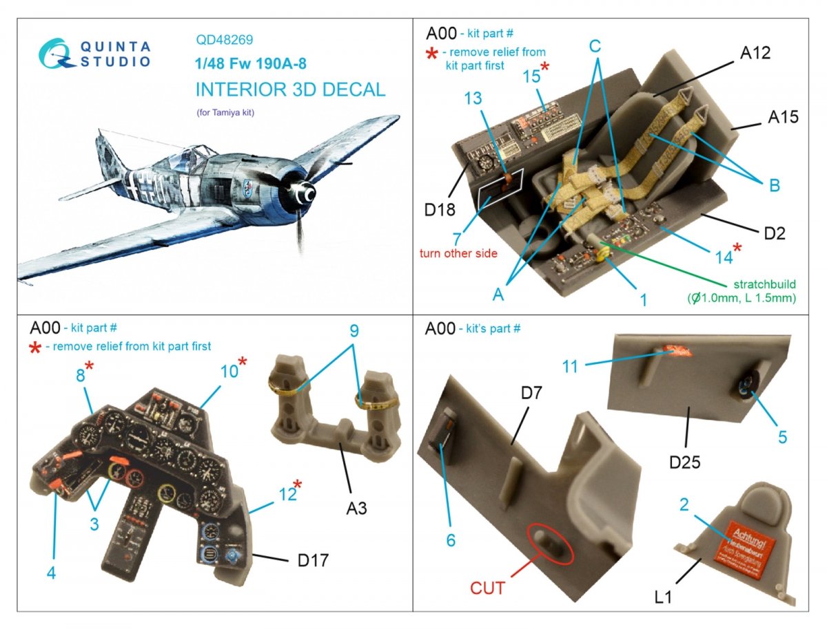 Quinta Studio QD48269 Fw 190A-8 3D-Printed &amp;amp; colored Interior on decal paper (Tamiya) 1/48 – image 5