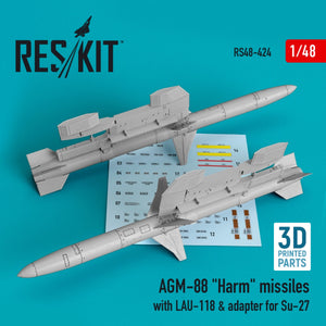 RESKIT RS48-0424 AGM-88 &amp;quot;HARM&amp;quot; MISSILES WITH LAU-118 &amp;amp; ADAPTER FOR SU-27 (2 PCS) 1/48
