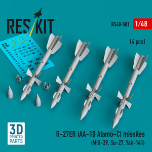 RESKIT RS48-0581 R-27ER (AA-10 Alamo-C) missiles (4 pcs) (MiG-29, Su-27, Yak-141) (3D Printed) 1/48