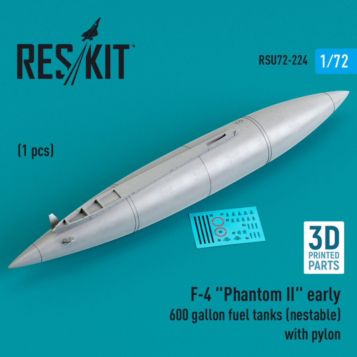 RESKIT RSU72-0224 F-4 "PHANTOM II" EARLY 600 GALLON FUEL TANK (NESTABLE) WITH PYLON (1 PCS) (3D PRINTED) 1/72