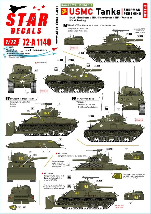 Star Decals 72-A1140 Korean War 1950-53 #1. USMC Tanks. Sherman and Pershing. 1/72
