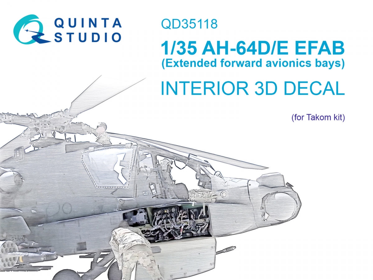 Quinta Studio QD35118 AH-64D Extended forward avionics bays 3D-Printed &amp;amp; colored Interior on decal paper (Takom) 1/35