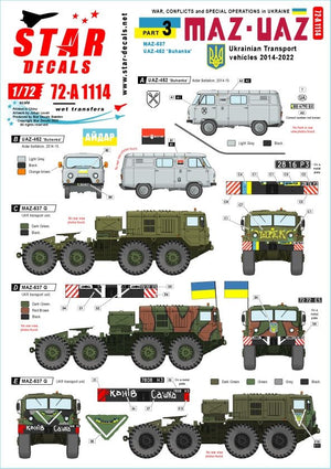 Star Decals 72-A1114 War in Ukraine #3 Ukrainian transport vehicles 2014-2022. MAZ-537 tank transporter and UAZ-452 Buhanka 1/72
