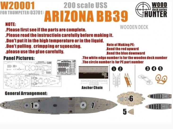Wood Hunter W20001 USS Battleship Arizona BB-39 Wooden Deck (for Trumpeter kit 03701) 1/200