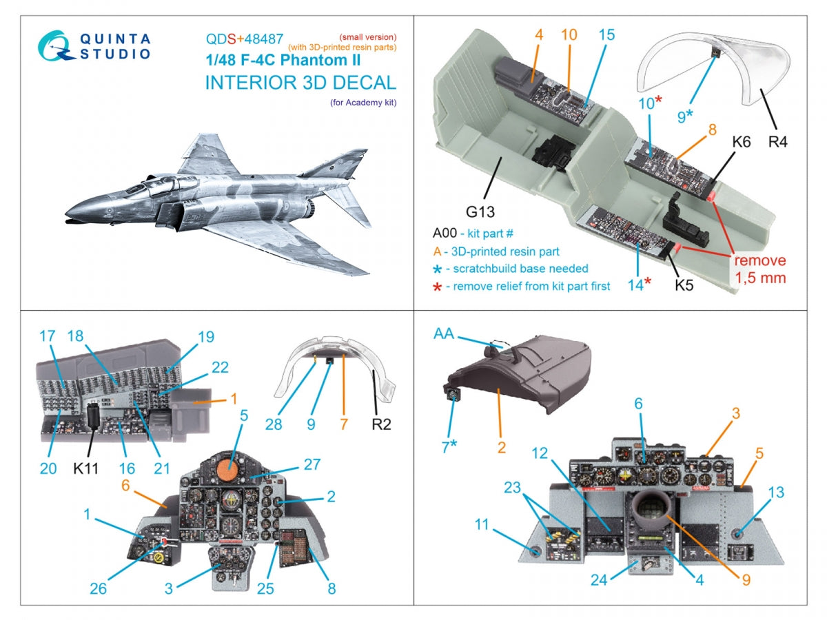 Quinta Studio QDS+48487 F-4C Phantom II 3D-Printed &amp;amp; coloured Interior on decal paper (Academy) (Small version) (with 3D-printed resin parts) 1/48 – zdjęcie 3