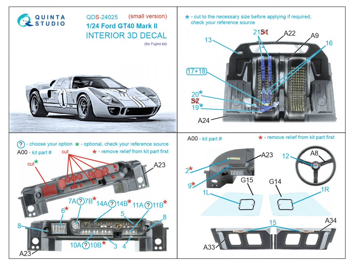 Quinta Studio QDS-24025 Ford GT40 Mark II 3D-Printed &amp; coloured Interior on decal paper (Fujimi) (Small version) 1/24