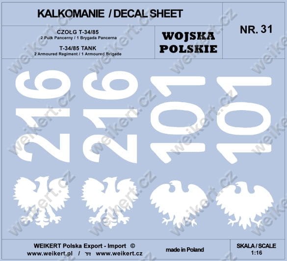 Weikert Decals DEC231 POLISH ARMY - T-34/85 TANK, 2nd Armored Regiment / 1st Armored Brigade 1/16