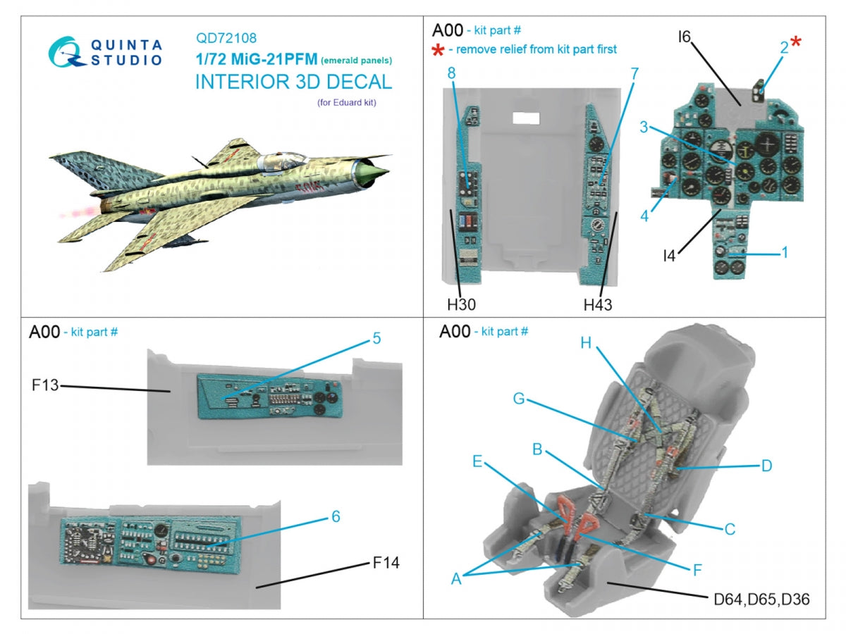 Quinta Studio QD72108 MiG-21PFM Emerald panels 3D-Printed &amp;amp; colored Interior on decal paper (Eduard) 1/72 – image 2