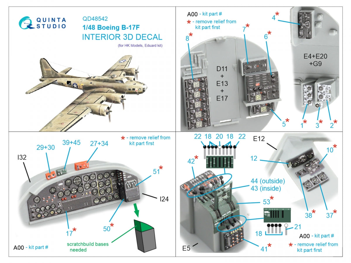 Quinta Studio QDS-48542 Boeing B-17F 3D-Printed &amp;amp; coloured Interior on decal paper (HK models, Eduard) (small version) 1/48 – Bild 3