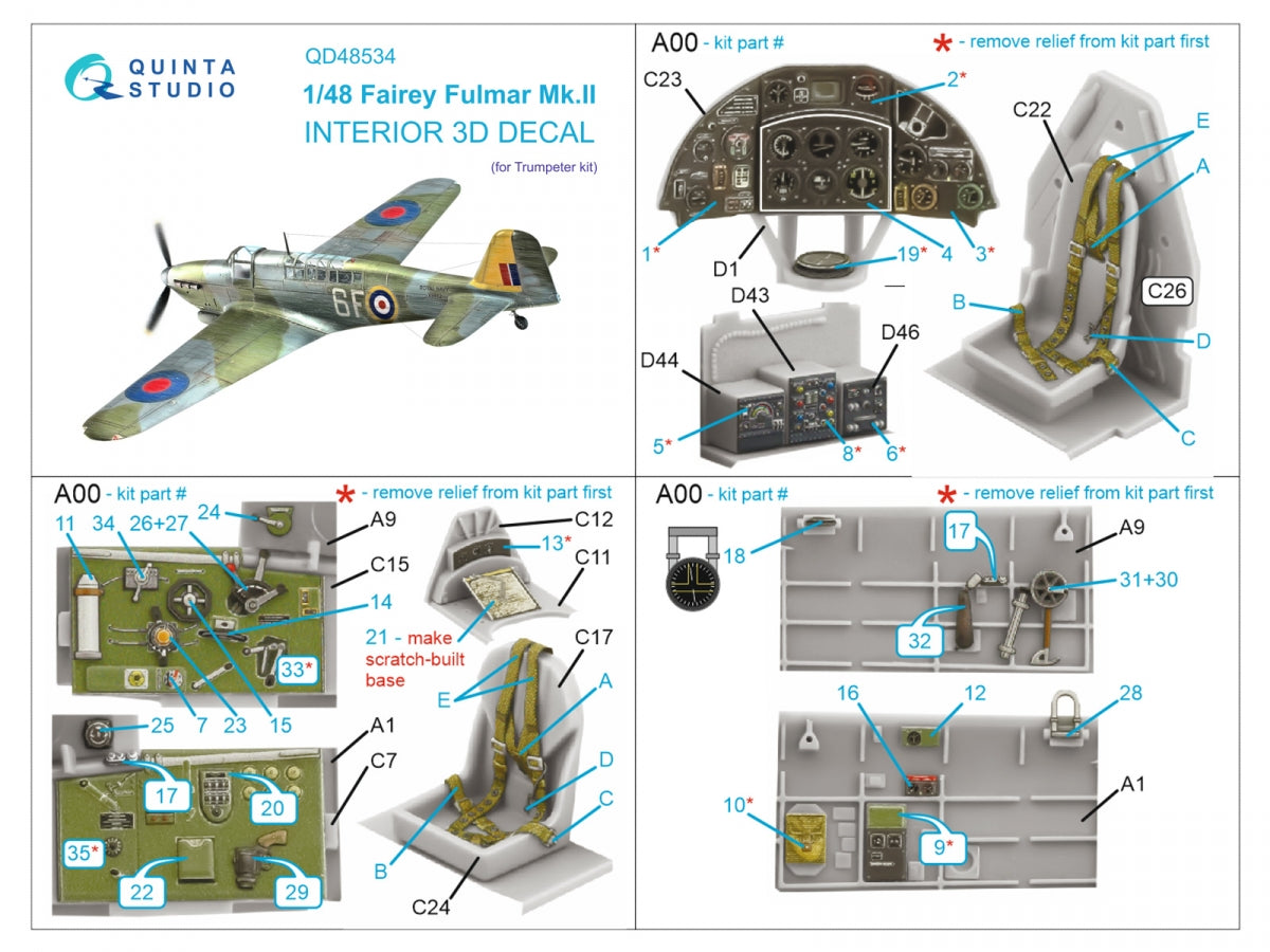 Quinta Studio QD48534 Fairey Fulmar Mk.II 3D-Printed &amp;amp; coloured Interior on decal paper (Trumpeter) 1/48 – imagen 2