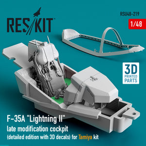 RESKIT RSU48-0219 F-35A &amp;quot;LIGHTNING II&amp;quot; COCKPIT (DETAILED EDITION WITH 3D DECALS) FOR TAMIYA KIT (3D PRINTED) 1/48