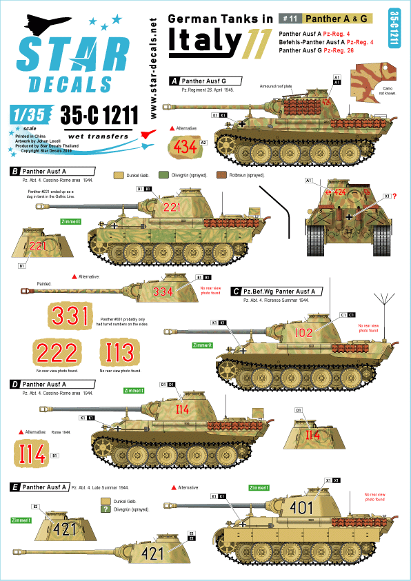 Star Decals 35-C1211 German tanks in Italy # 11 Panther A &amp;amp; G 1/35
