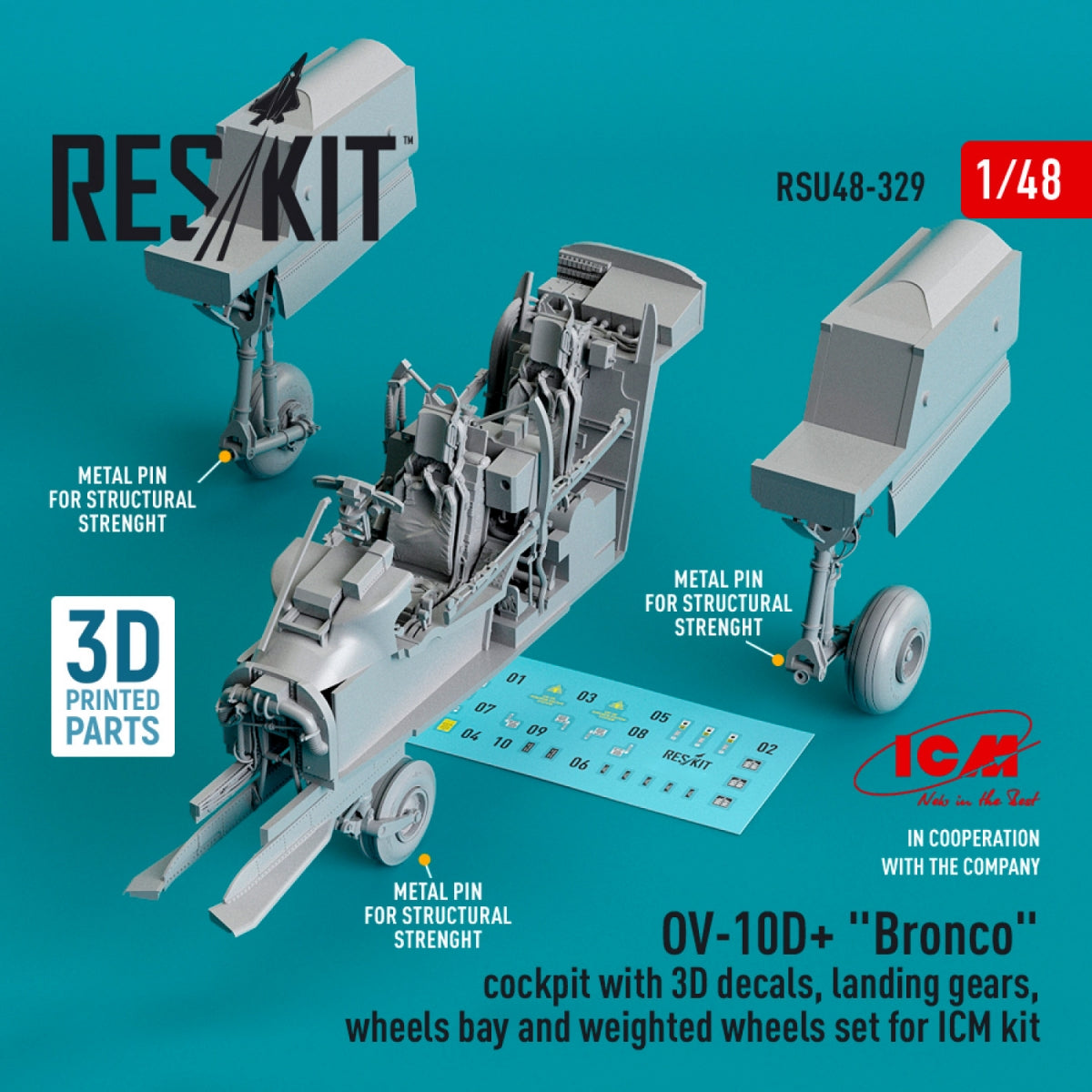 RESKIT RSU48-0329 OV-10D+ &amp;quot;BRONCO&amp;quot; COCKPIT WITH 3D DECALS, LANDING GEARS, WHEELS BAY AND WEIGHTED WHEELS SET FOR ICM KIT (3D PRINTED) 1/48 – zdjęcie 3