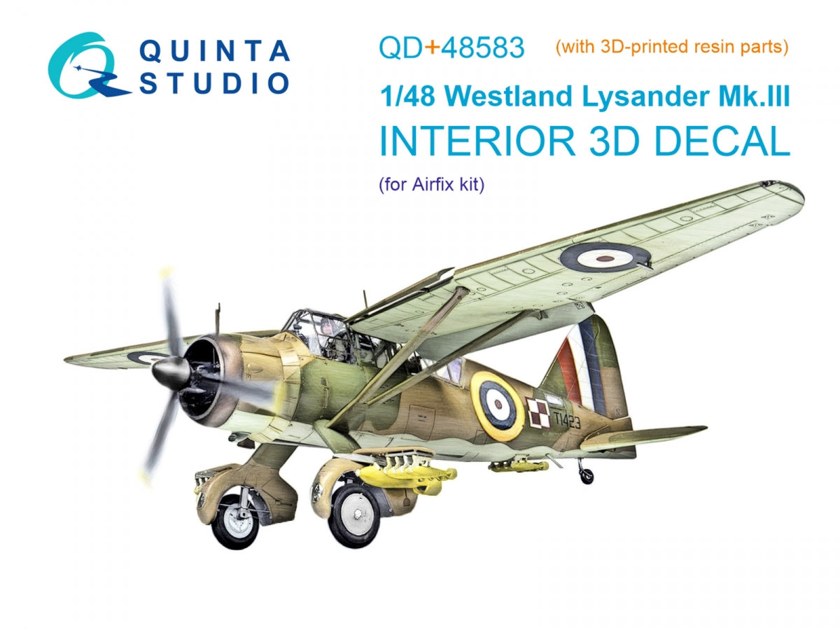 Quinta Studio QD+48583 Westland Lysander Mk.III Intérieur imprimé en 3D et coloré sur papier décalcomanie (Airfix) (avec pièces en résine imprimées en 3D) 1/48