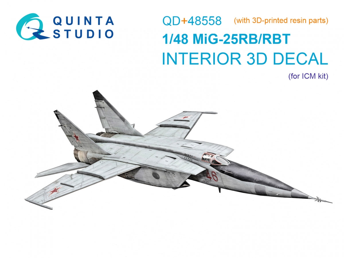 Quinta Studio QD+48558 MiG-25RB/MiG-25RBT Intérieur imprimé en 3D et coloré sur papier décalcomanie (ICM) (avec pièces en résine imprimées en 3D) 1/48